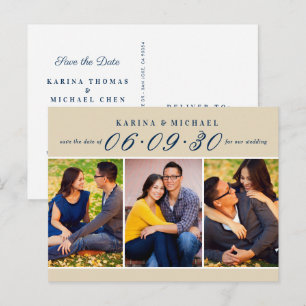 Modern Tan Navy Photo Collage Save the Date Announcement Postcard