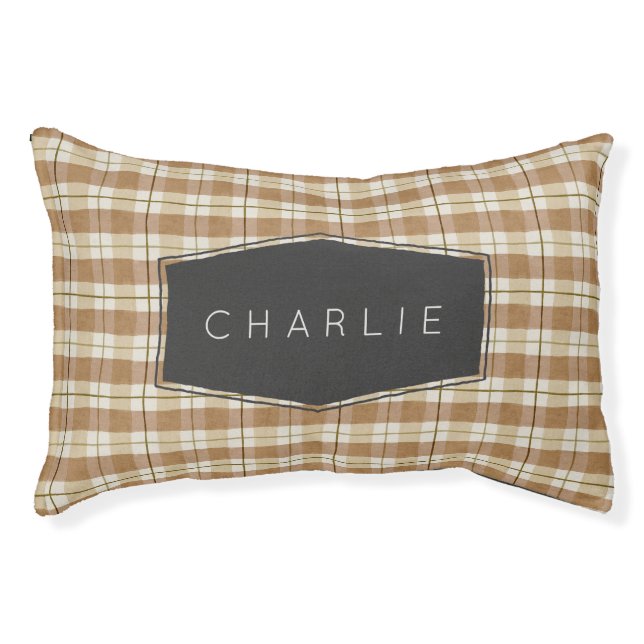 Modern Tan Plaid Personalized Pet Bed (Front)