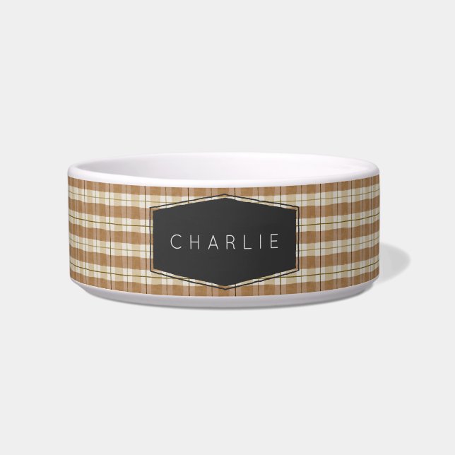 Modern Tan Plaid Personalized Pet Bowl (Front)