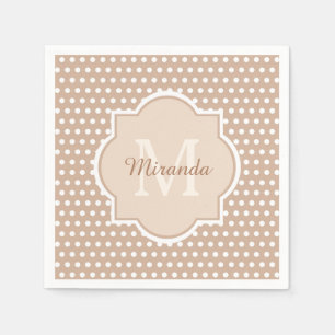 Modern Tan Polka Dots With Monogram and Name Napkins