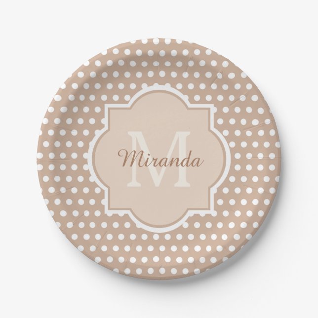Modern Tan Polka Dots With Monogram and Name Paper Plates (Front)