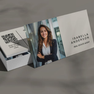 Modern Tan Real Estate Professional Photo QR Business Card