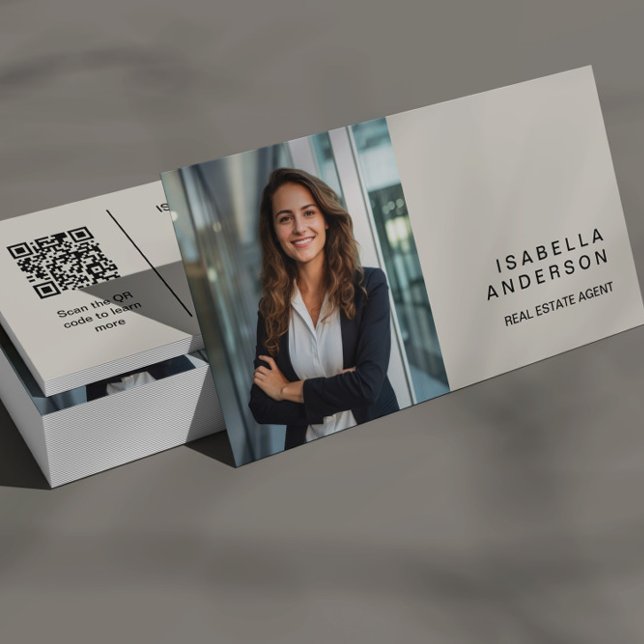 Modern Tan Real Estate Professional Photo QR Business Card (Creator Uploaded)