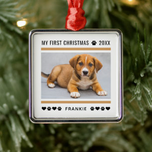 Modern Tan Stripe Puppy First Christmas Photo Metal Ornament