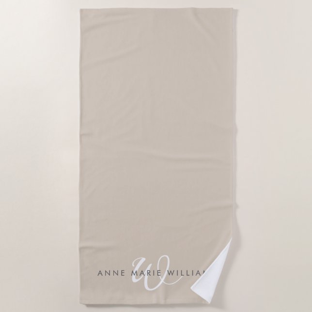 Modern Tan White Script Monogram Beach Towel (Front)