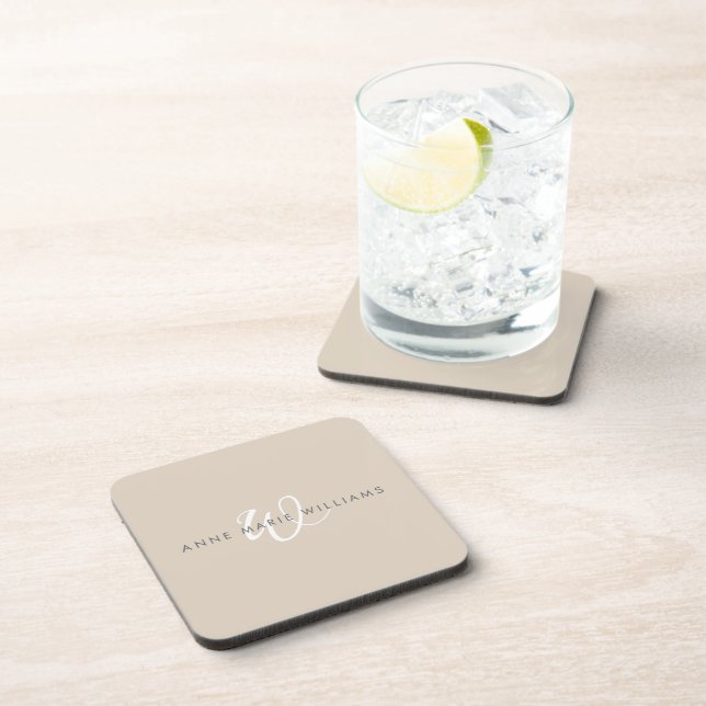 Modern Tan White Script Monogram Beverage Coaster (Right Side)