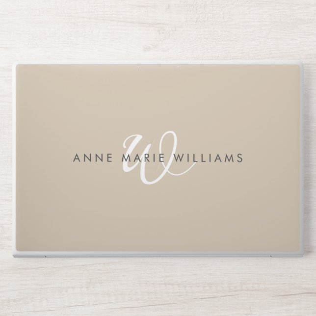 Modern Tan White Script Monogram HP Laptop Skin (Front)