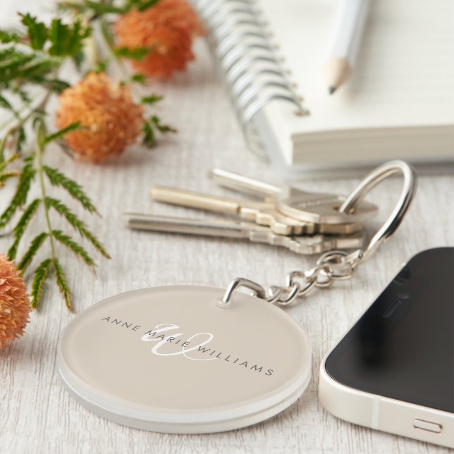 Modern Tan White Script Monogram Keychain (Front Right)