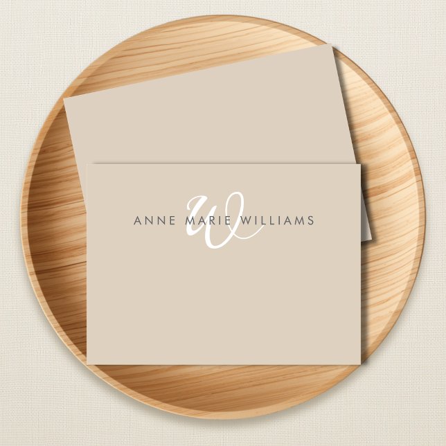 Modern Tan White Script Monogram Note Card (Creator Uploaded)