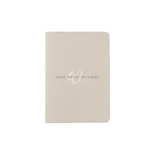 Modern Tan White Script Monogram Passport Holder