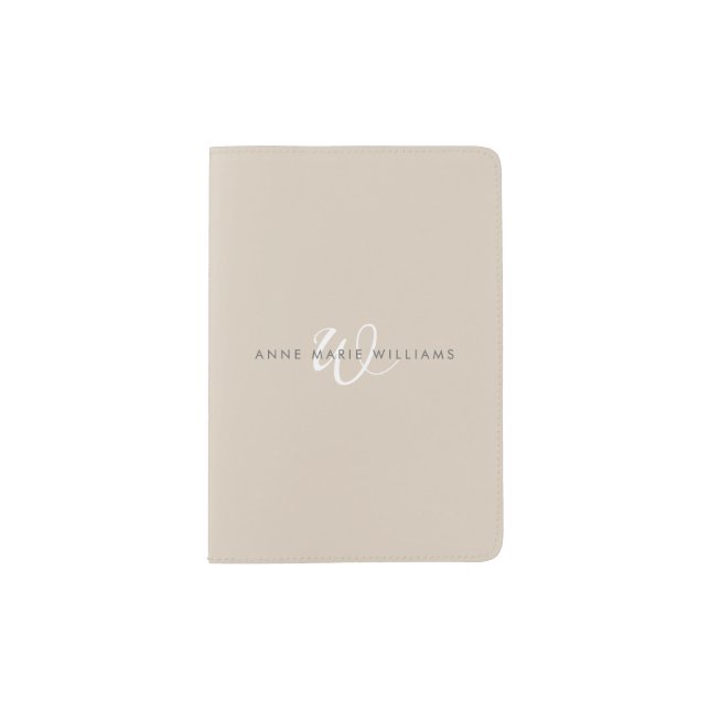 Modern Tan White Script Monogram Passport Holder (Front)