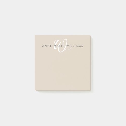 Modern Tan White Script Monogram Post-it Notes