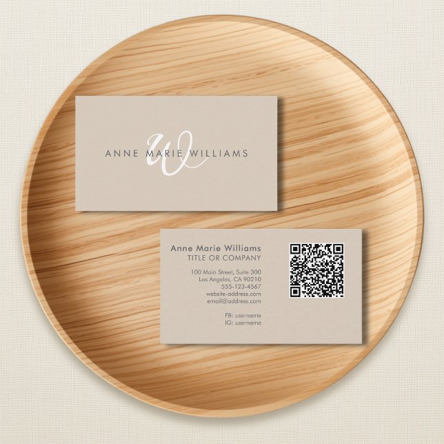 Modern Tan White Script Monogram QR Code Business Card (Creator Uploaded)
