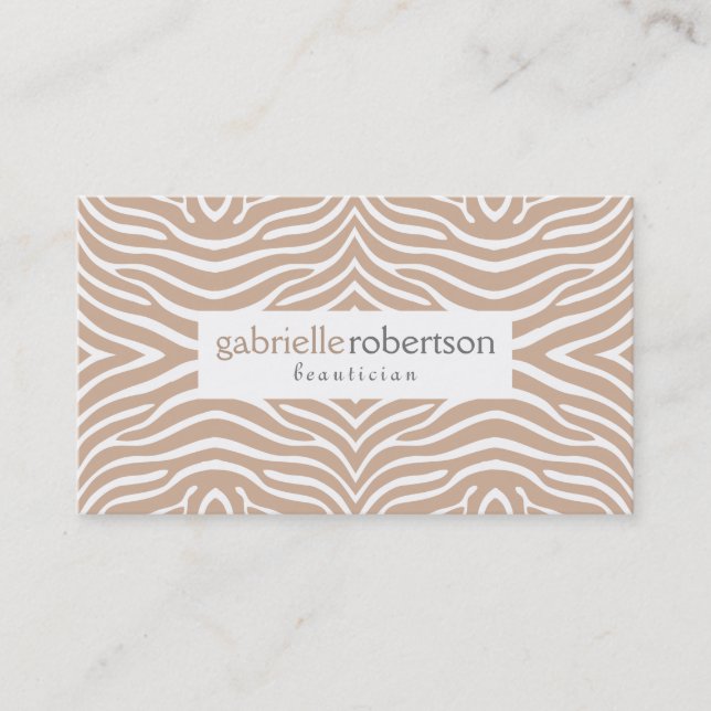 Modern Tan & White Zebra Animal Print Business Card (Front)