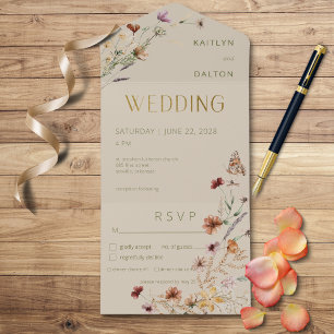 Modern Tan Wildflower Bouquet Dinner All In One Invitation