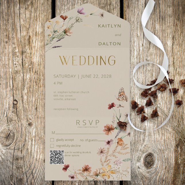 Modern Tan Wildflower Bouquet QR Code All In One Invitation (Creator Uploaded)