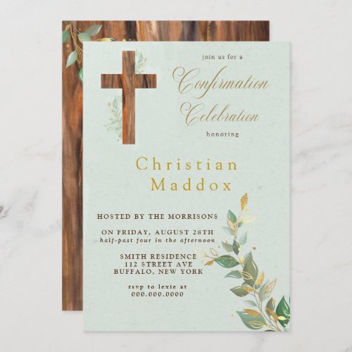 Modern Tan WoodIm Cross Gold Confirmation Invitation