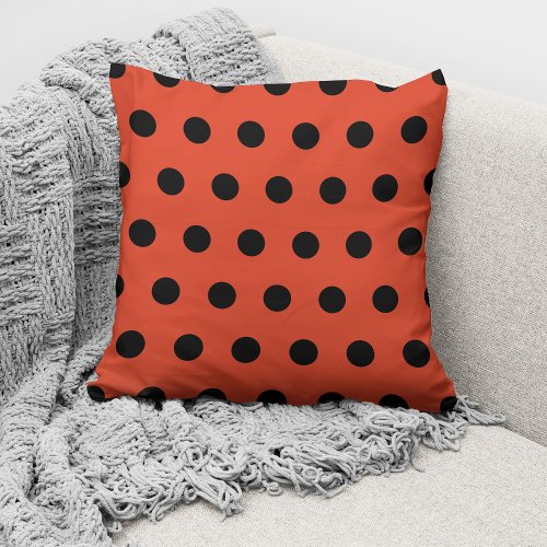 Modern Tangerine Orange Black Polka Dots Pattern Throw Pillow