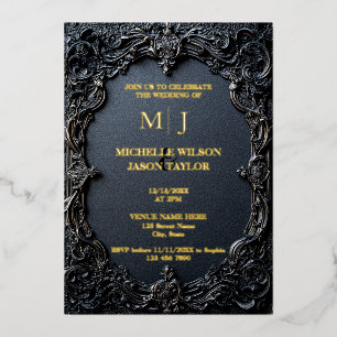 Modern Tarot Gothic Black and Gold Monogram  Foil Invitation