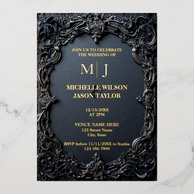 Modern Tarot Gothic Black and Gold Monogram  Foil Invitation (Front)