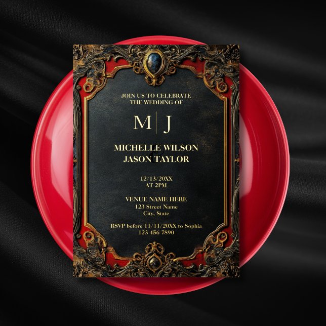 Modern Tarot Gothic Black and Gold Monogram  Foil Invitation (Creator Uploaded)