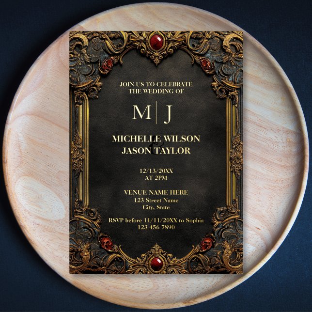 Modern Tarot Gothic Black and Gold Monogram  Foil Invitation (Creator Uploaded)