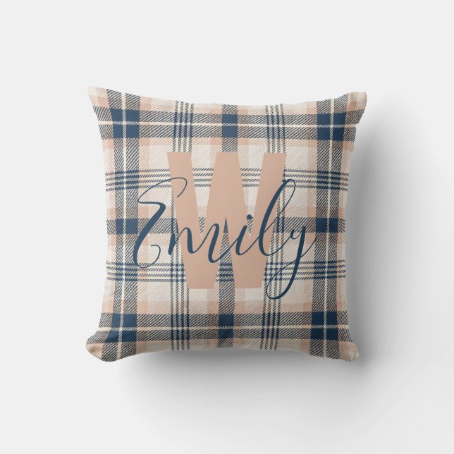 Modern Tartan Blue Cream Monogram Throw Pillow (Front)