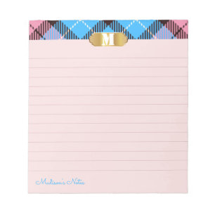 Modern Tartan Golden Monogram Script Apricot Lined Notepad