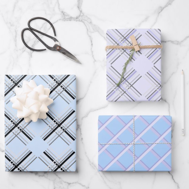 Modern Tartan In Blue White And Black Wrapping Paper Sheets (Front)