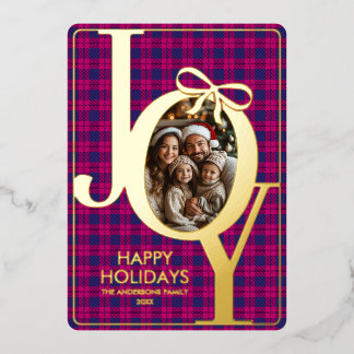 Modern Tartan Plaid Christmas Pink Blue Foil Holiday Card