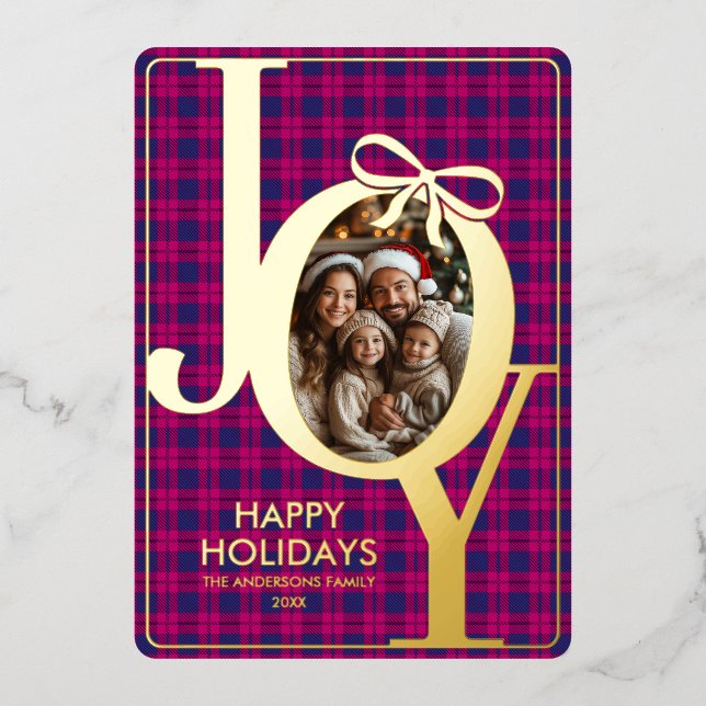 Modern Tartan Plaid Christmas Pink Blue Foil Holiday Card (Front)