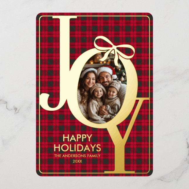 Modern Tartan Plaid Christmas Red Green Foil Holiday Card (Front)