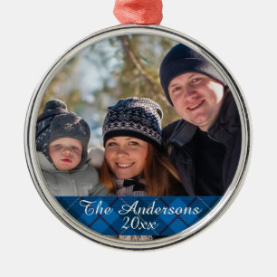 Modern Tartan Plaid Custom Family Photo Silver Metal Ornament