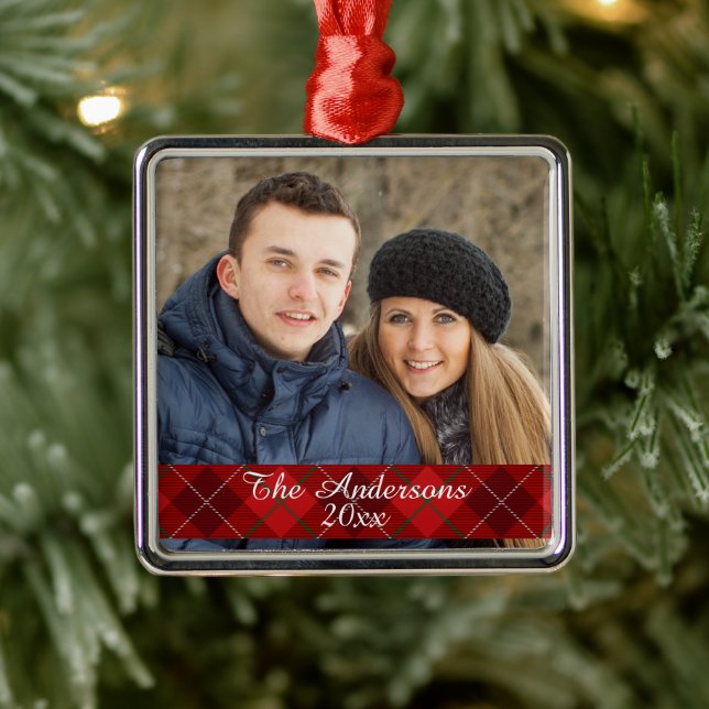 Modern Tartan Plaid Custom Photo Silver Metal Ornament (Tree)