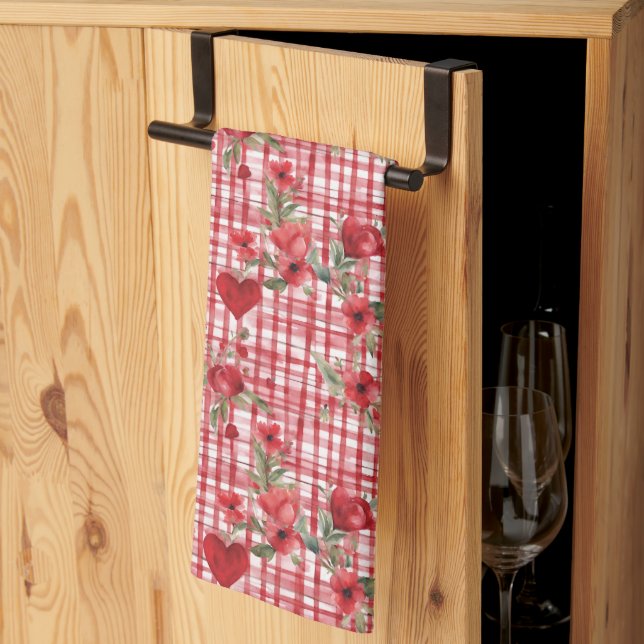 Modern Tartan Red Floral Pattern   Kitchen Towel (Thirds Fold)
