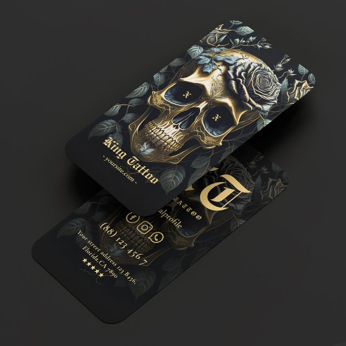 Modern Tattoo Artist Floral Skull Gold Gothic Business Card