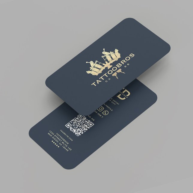 Modern Tattoo Artist Gold Professional Dark Blue Business Card (Modern Tattoo Artist Gold Professional Gold Foil Tattoo Machine Dark Blue Business Card
)