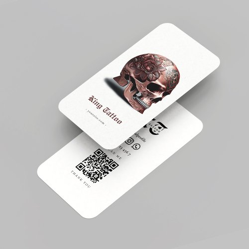 Modern Tattoo Artist Rosegold Skull Qr Code White Business Card