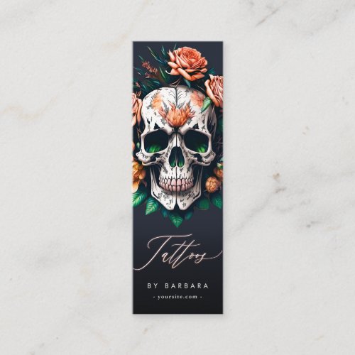 Modern Tattoo Artist Skull and Roses Black White Mini Business Card