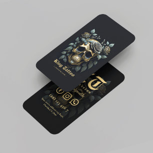 Modern Tattoo Artist Skull Black Gold Monogram Business Card