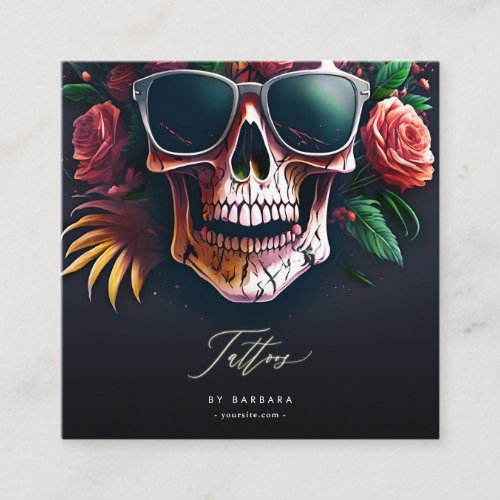 Modern Tattoo Artist Skull Roses Sunglasses Square Business Card