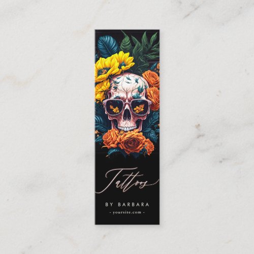 Modern Tattoo Artist Skull Sunflower Orange Roses Mini Business Card