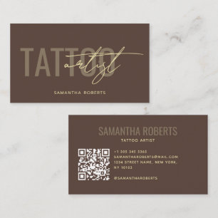Modern tattoo artist tattooist QR Code brown Business Card