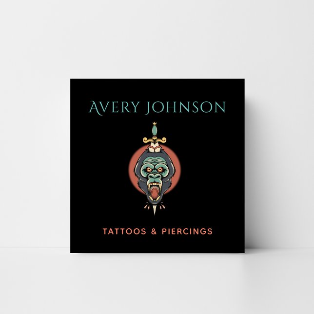 Modern Tattoo & Piercing Artistic Monkey Design Square Business Card (Creator Uploaded)
