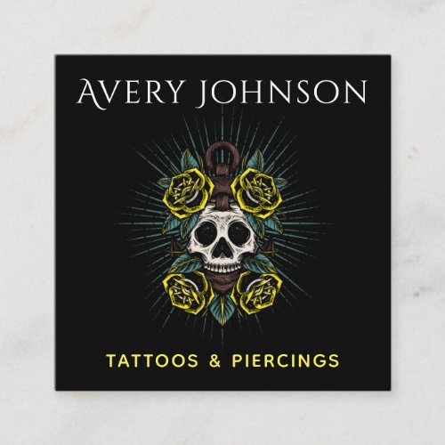 Modern Tattoo  Piercing Floral Skull Gothic Black Square Business Card
