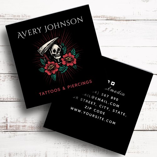 Modern Tattoo  Piercing Scary Floral Skeleton Square Business Card