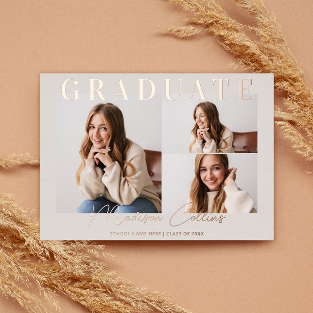 Modern Taupe 3 Photo Graduation Rose Gold Foil Invitation (Creator Uploaded)