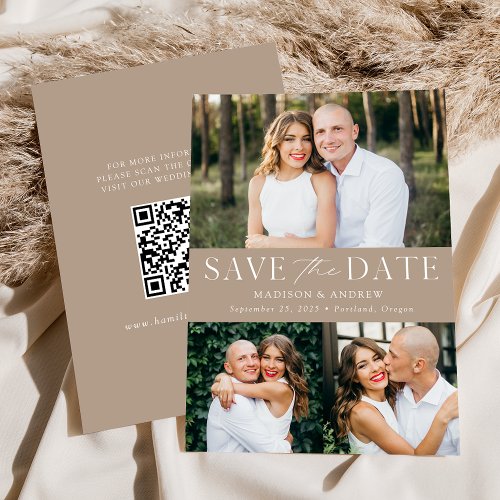 Modern Taupe 3 Photo QR Code Save The Date