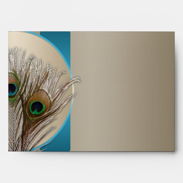 Modern Taupe Aqua Peacock Feather Envelope (Front)