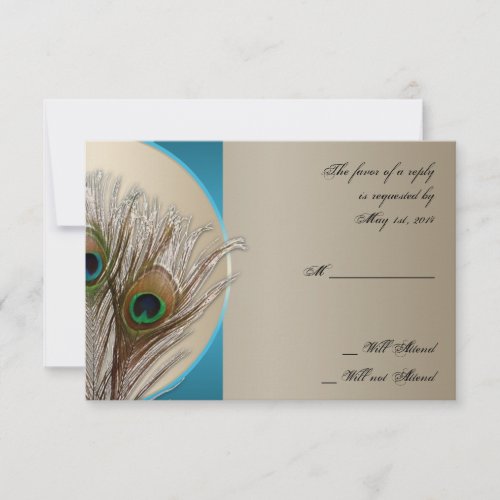 Modern Taupe Aqua Peacock Feather Response Card